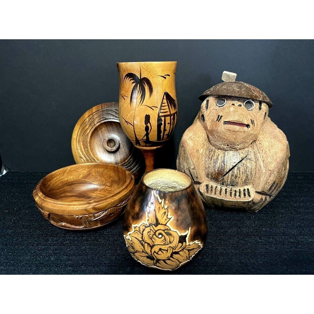 5 Piece Tiki Bar Set Vintage Hawaiian Hand Carved Wood Island Collectors